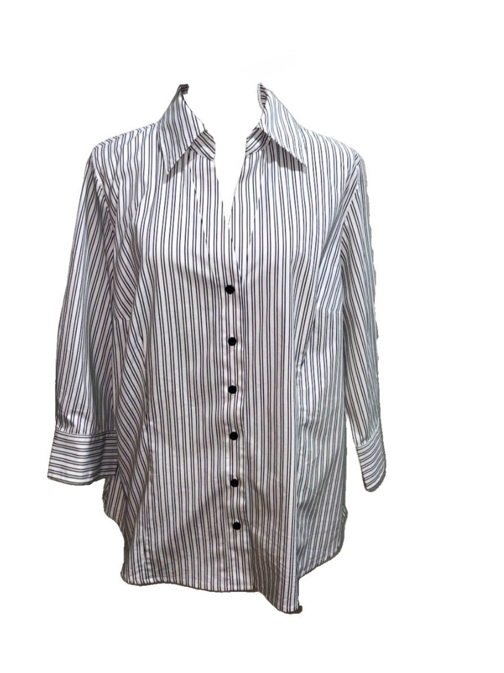 Worthington Black & White Vertical Stripe Button-Down Shirt V-Neck Size 1X